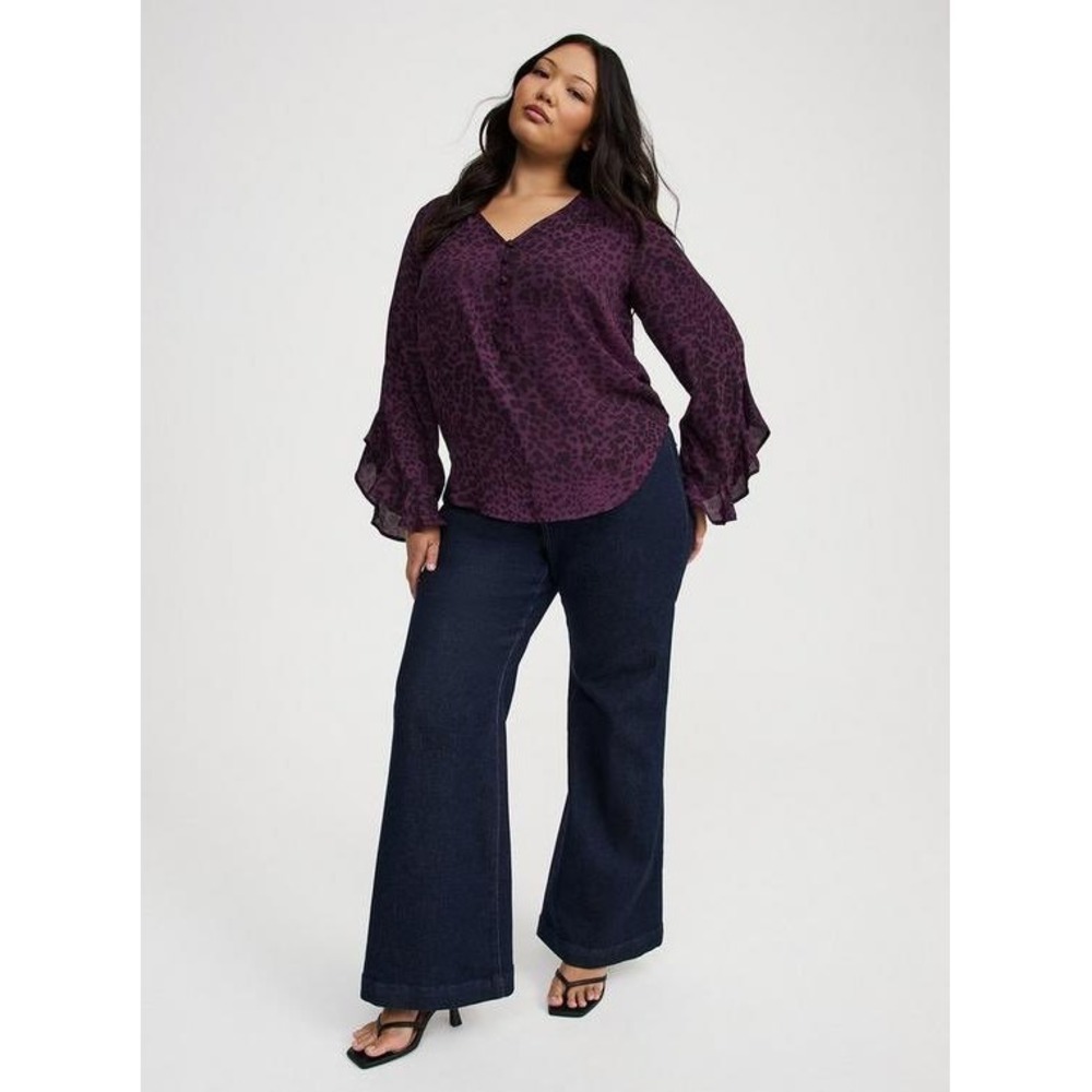Torrid Harper Purple Leopard Print Ruffle Sleeve Georgette Blouse Plus Size 00